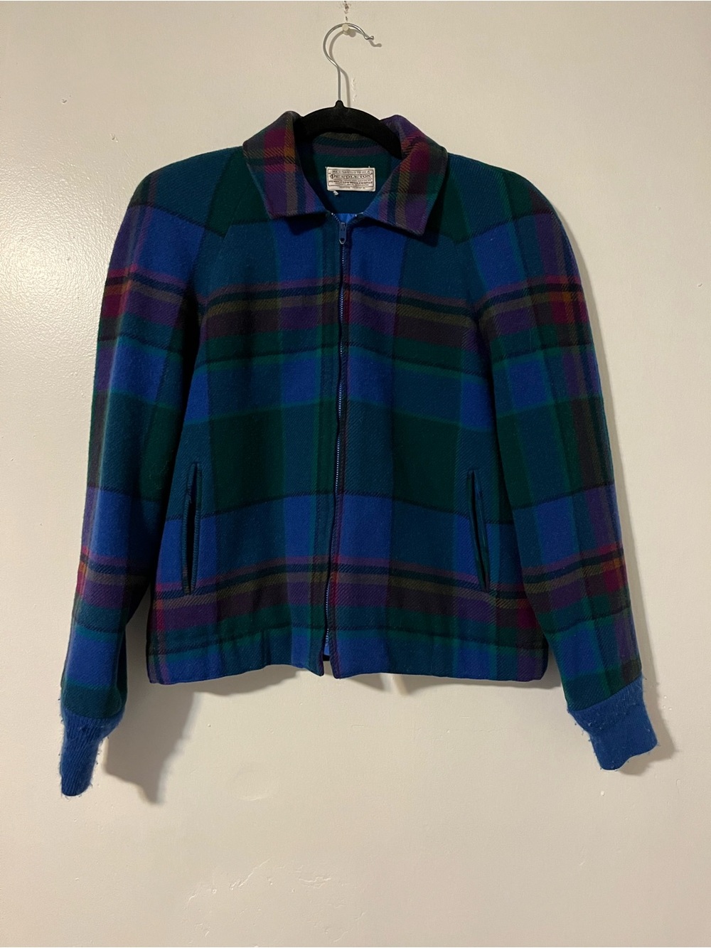 VTG Pendleton Wool Blue and Green Plaid Bomber Jacket - Made in USA